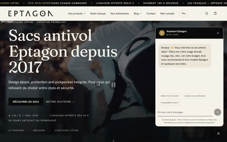 Page d’accueil d’eptagon.fr, avec son assistant IA ouvert